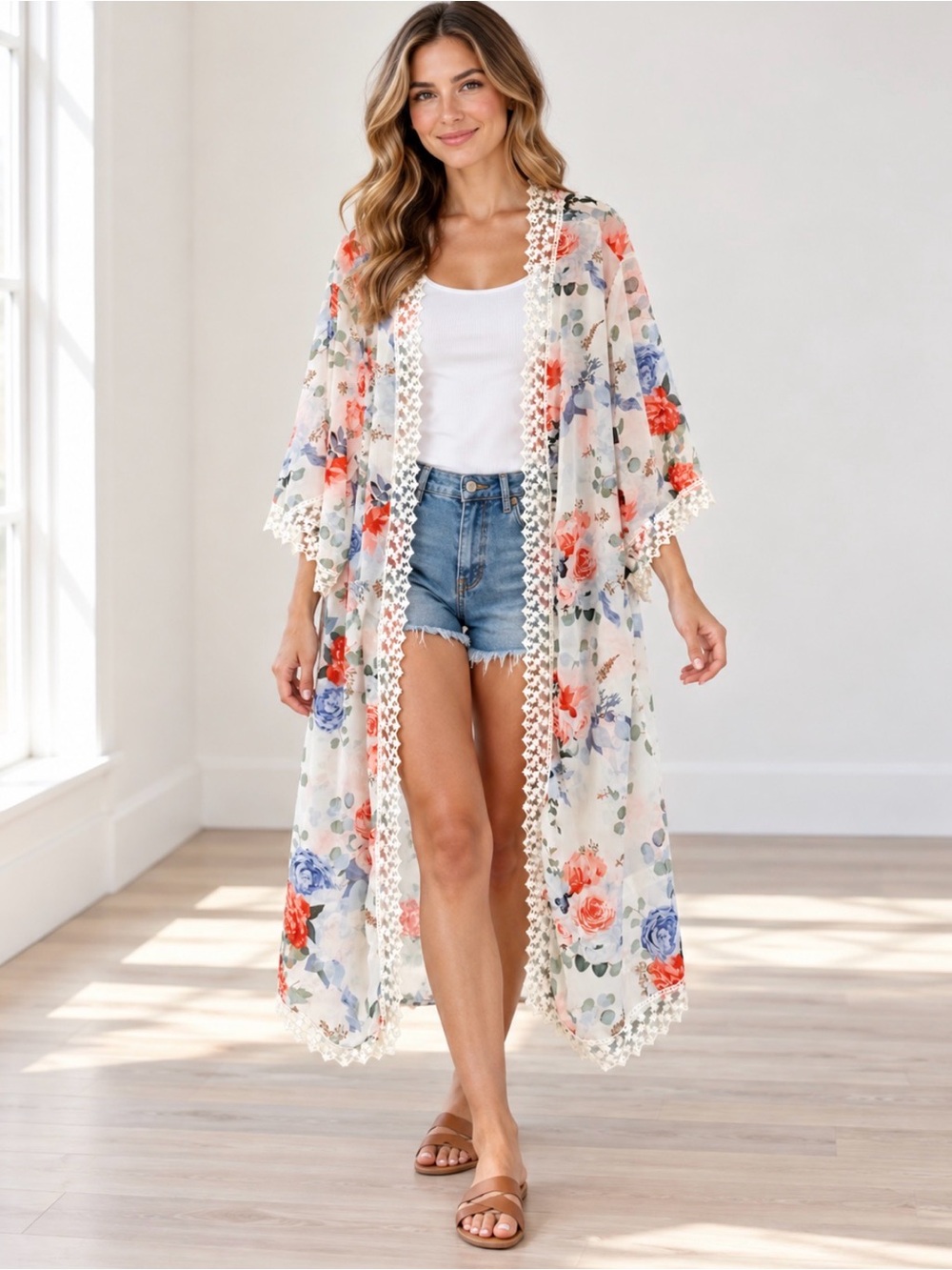 LulaRoe Long Maxi Sheer Kimono Cover Up Open Front Lace Trim Large